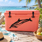 Orange cooler with black dolphin decal on front