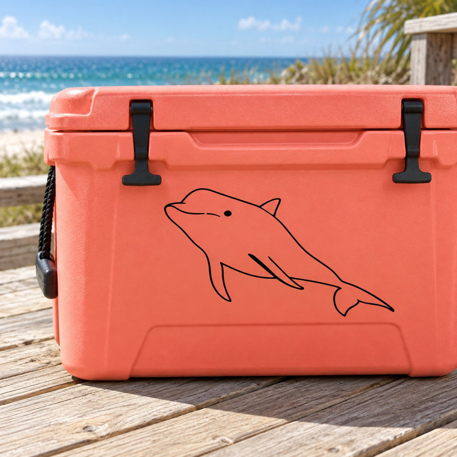 Orange cooler with black-outlined bottlenose dolphin decal