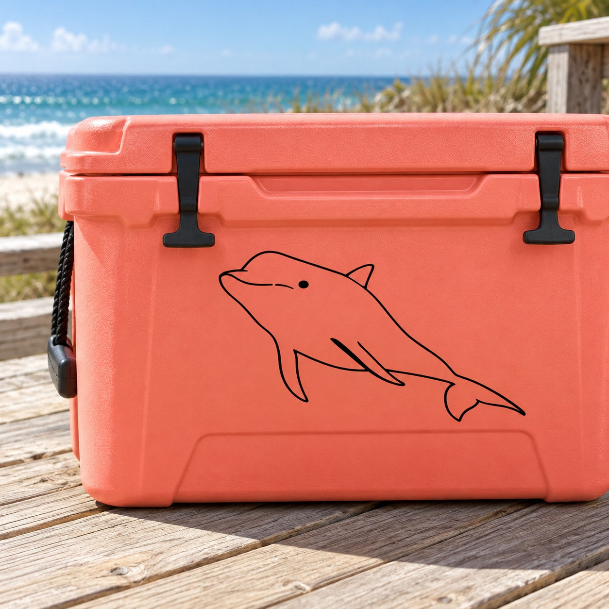 Orange cooler with black-outlined bottlenose dolphin decal