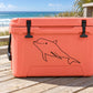 Orange cooler with black-outlined bottlenose dolphin decal