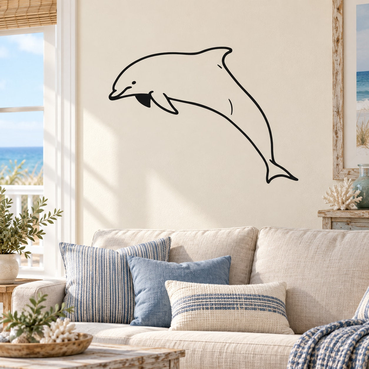 Bottlenose dolphin jumping wall decal, black line art of a dolphin mid-leap