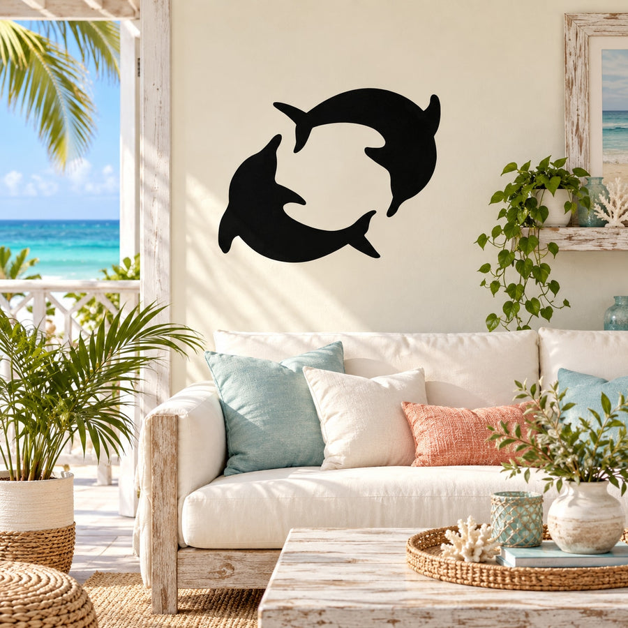 Swirl dolphin circle wall decal, black silhouette with swirling ring detail