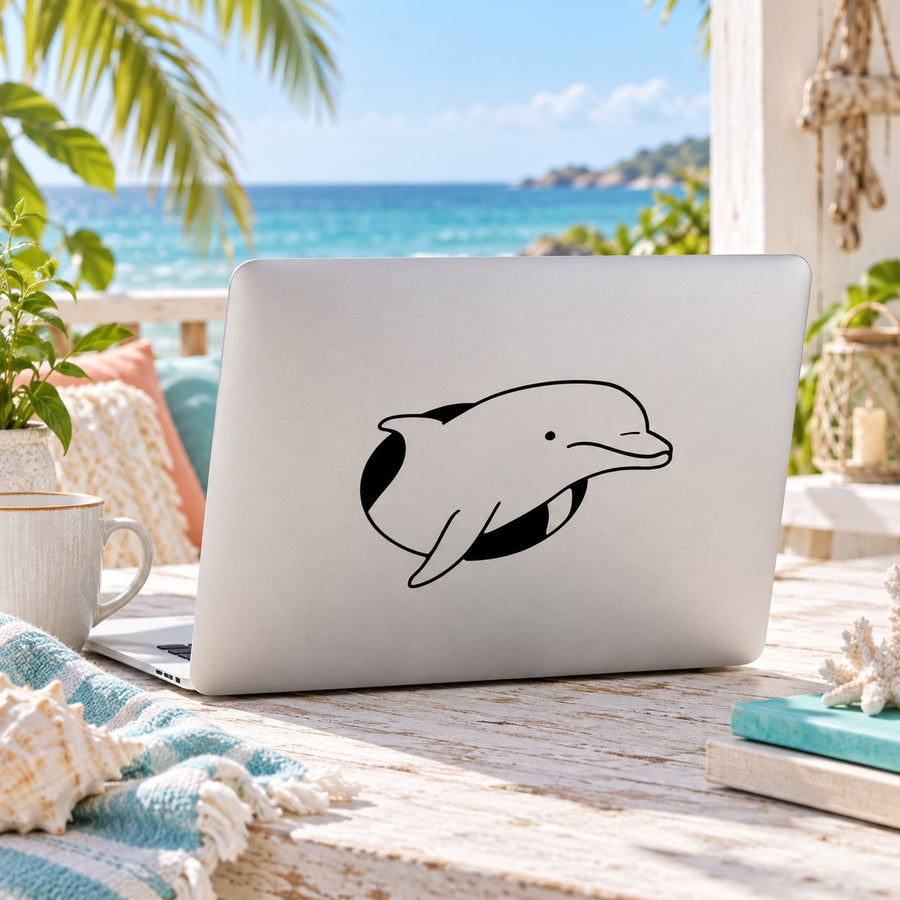 Peeking bottlenose dolphin decal, black-and-white dolphin graphic on light surface