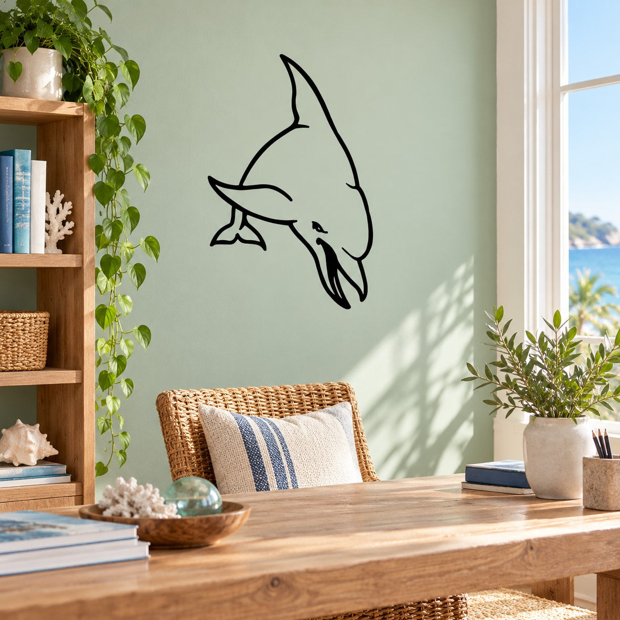 Swimming bottlenose dolphin wall decal in black line art