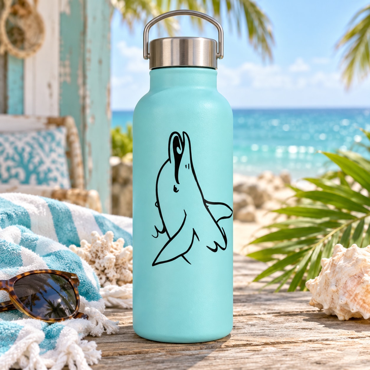 Turquoise bottle with black dolphin swimming backwards decal