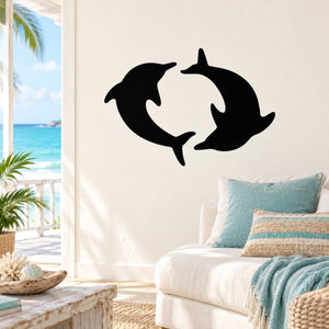 Black dolphin couple swimming in circle wall decal, two dolphins forming a loop