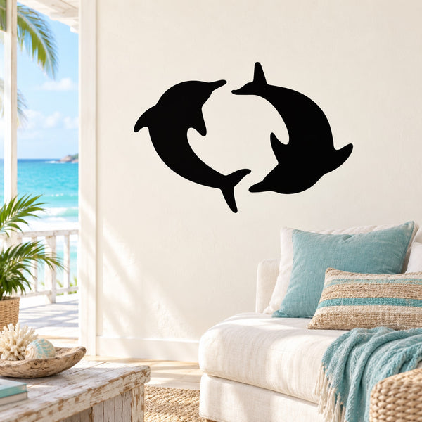 Black dolphin couple swimming in circle wall decal, two dolphins forming a loop