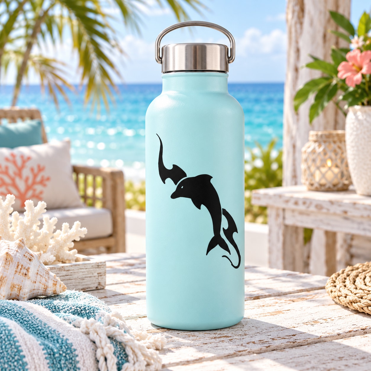 Black dolphin silhouette decal on light blue water bottle