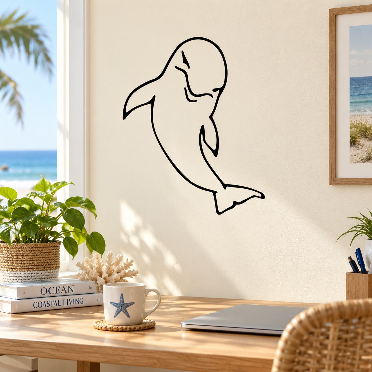 Angry dolphin wall decal in black outline, full-body jumping pose
