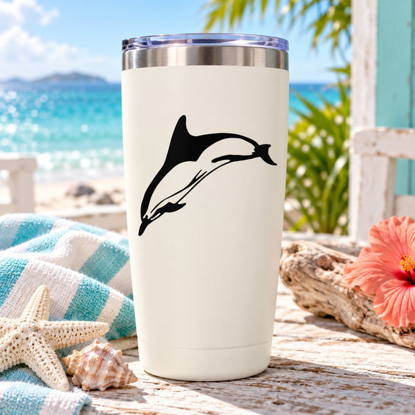 White tumbler with black leaping dolphin decal