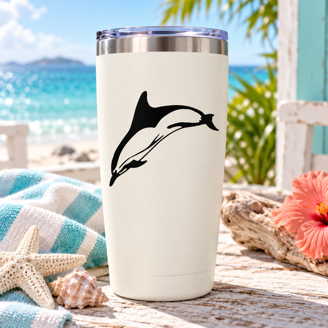 White tumbler with black leaping dolphin decal