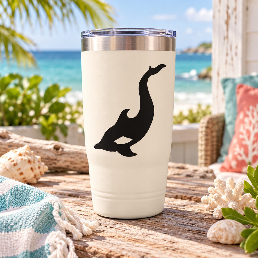 Cream insulated tumbler with stainless lid and black dolphin silhouette