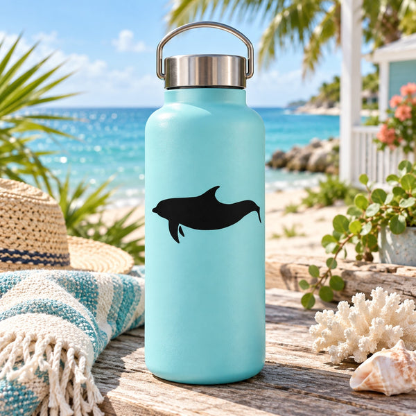 Happy swimming dolphin decal in black on light blue bottle