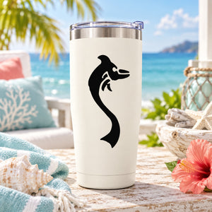 White tumbler with black dolphin decal