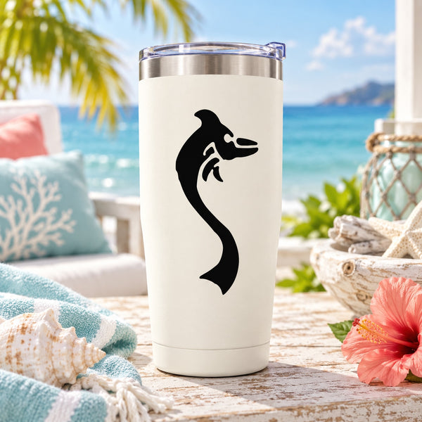 White tumbler with black dolphin decal