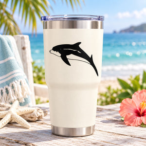 White tumbler with black leaping dolphin decal