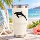 White tumbler with black leaping dolphin decal