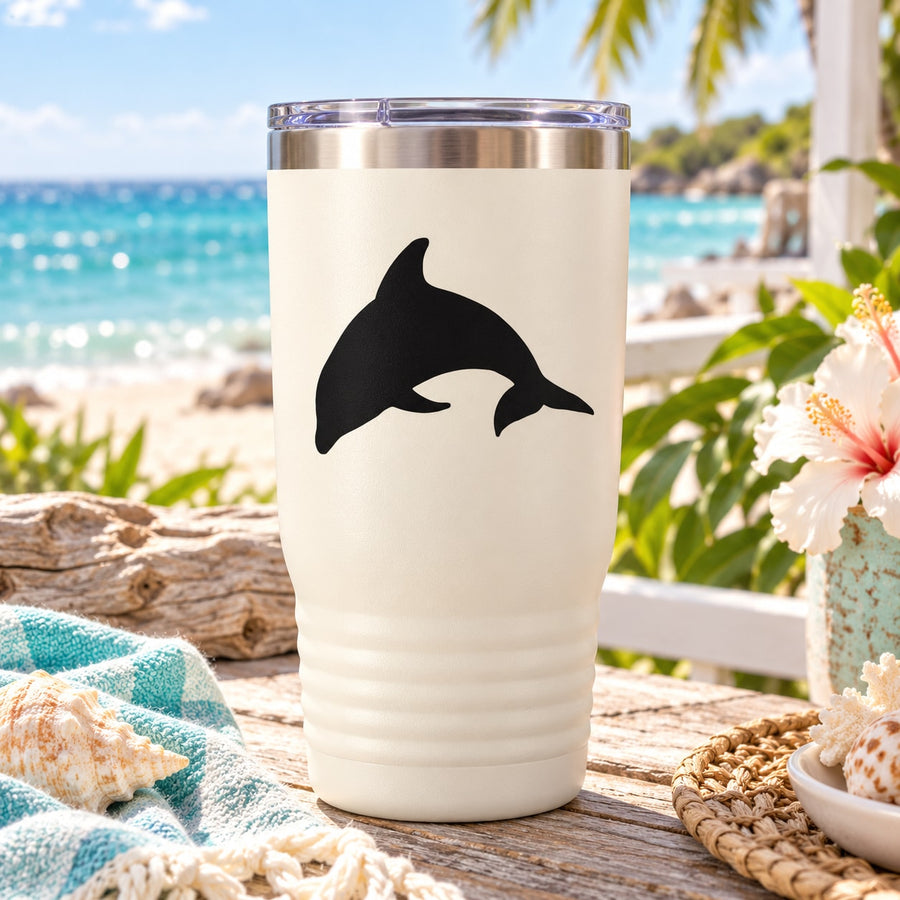 Dolphin diving decal on off-white tumbler, black dolphin silhouette