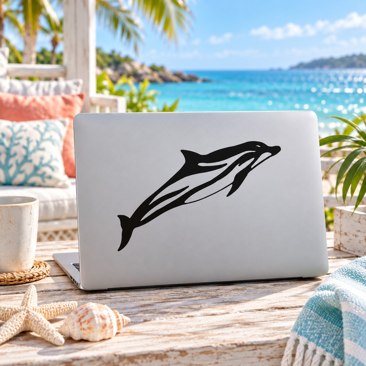Striped dolphin swimming straight decal, black dolphin graphic on white backing