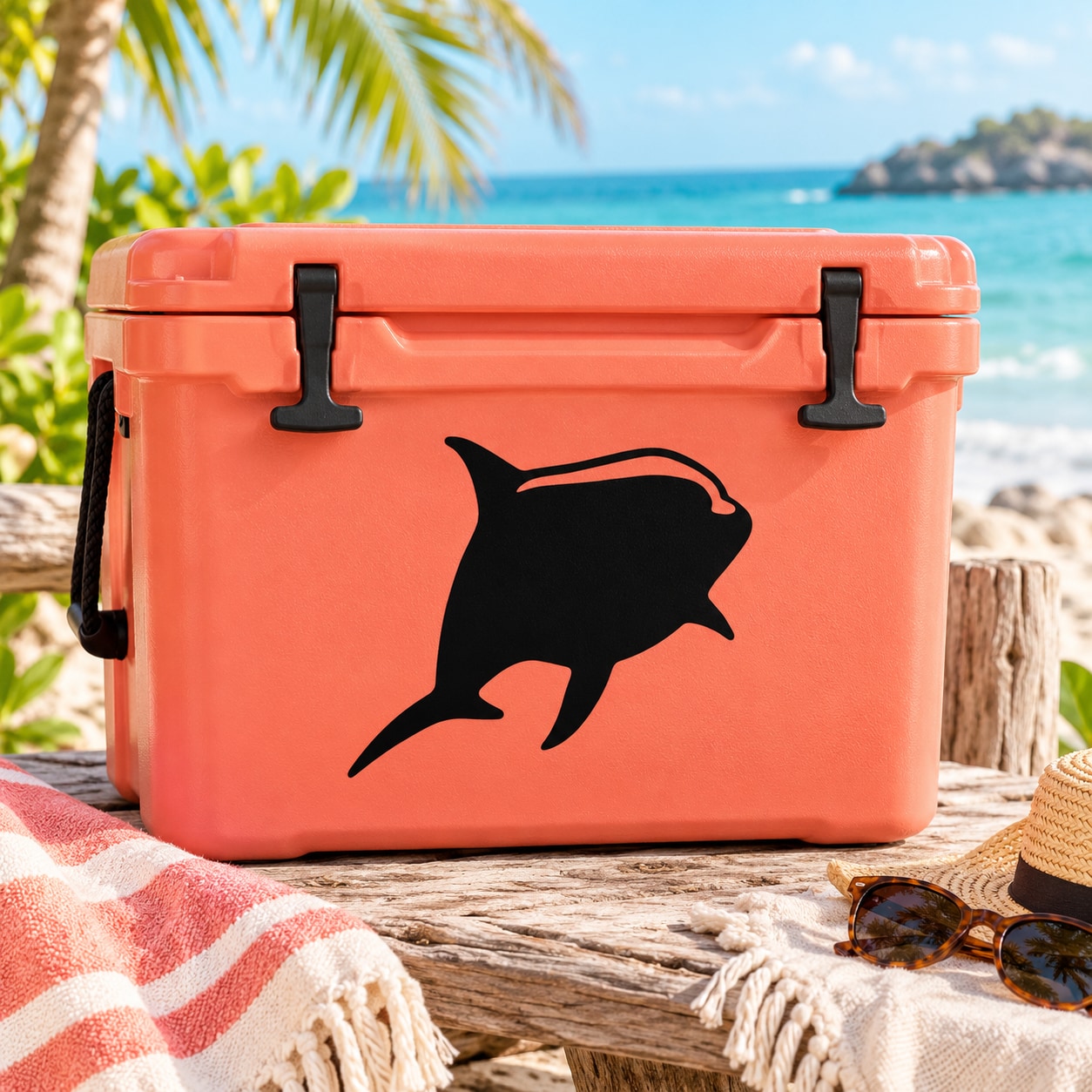 Black dolphin swimming forward decal on orange surface