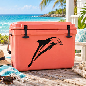 Coral cooler with black dolphin jumping decal on front