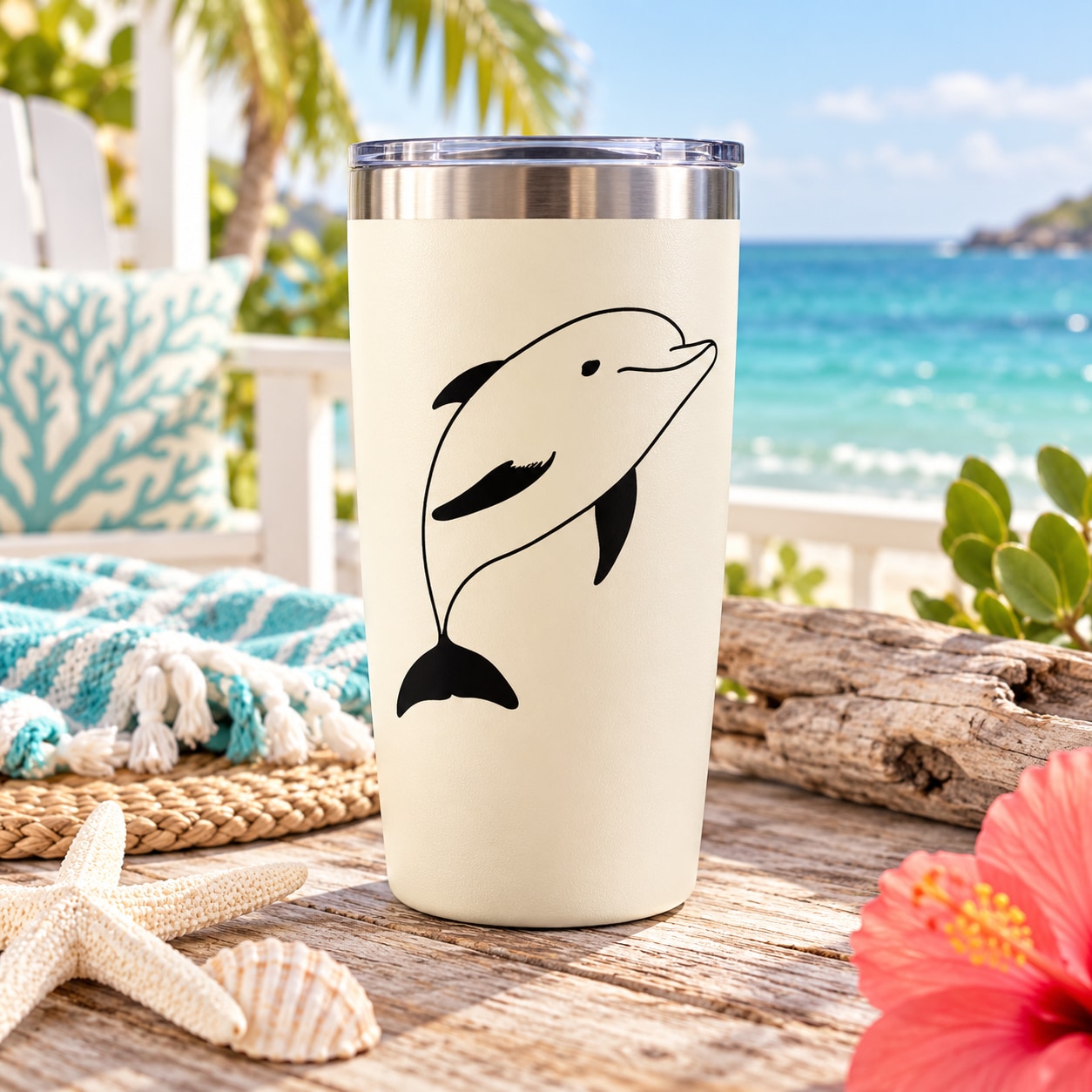 Insulated tumbler with black dolphin decal