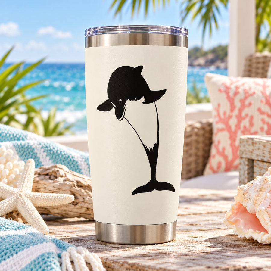 Black leaping dolphin decal on white tumbler