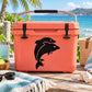 Orange cooler with black jumping dolphin couple decal on the front