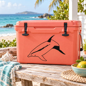 Bottlenose dolphin decal with black line art, arched profile on orange surface