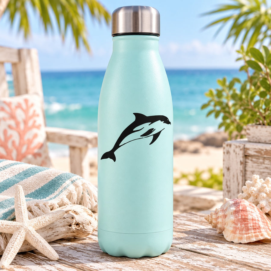 Mint water bottle with black dolphin decal on front