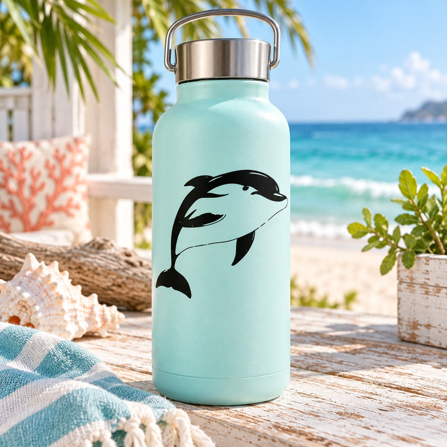 Light blue water bottle with dolphin decal and stainless steel lid