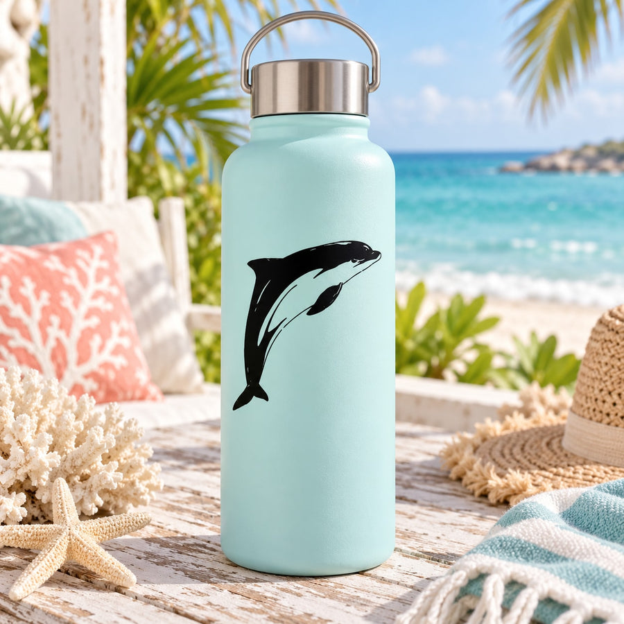 Mint water bottle with black dolphin jumping decal on front