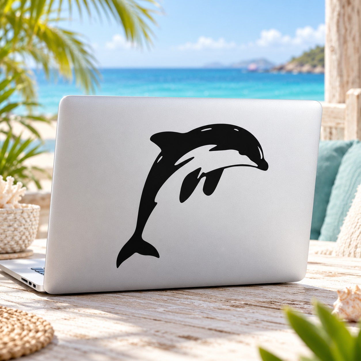 Leaping dolphin vinyl decal, bold black silhouette on light surface