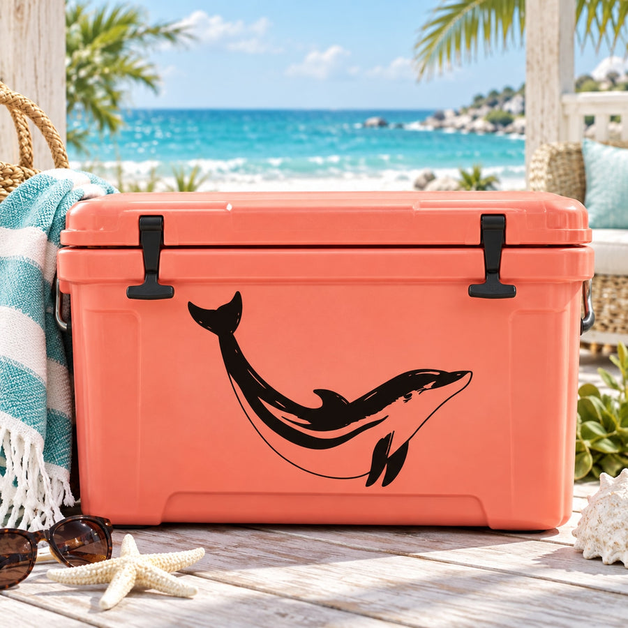 Dolphin diving decal with black dolphin silhouette on orange cooler lid