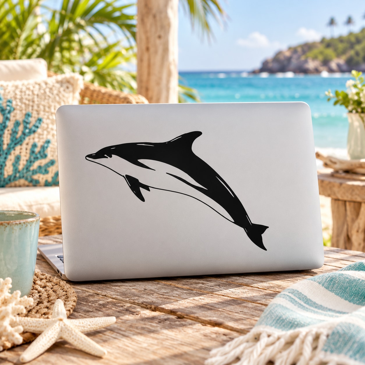 White laptop with black hourglass dolphin decal