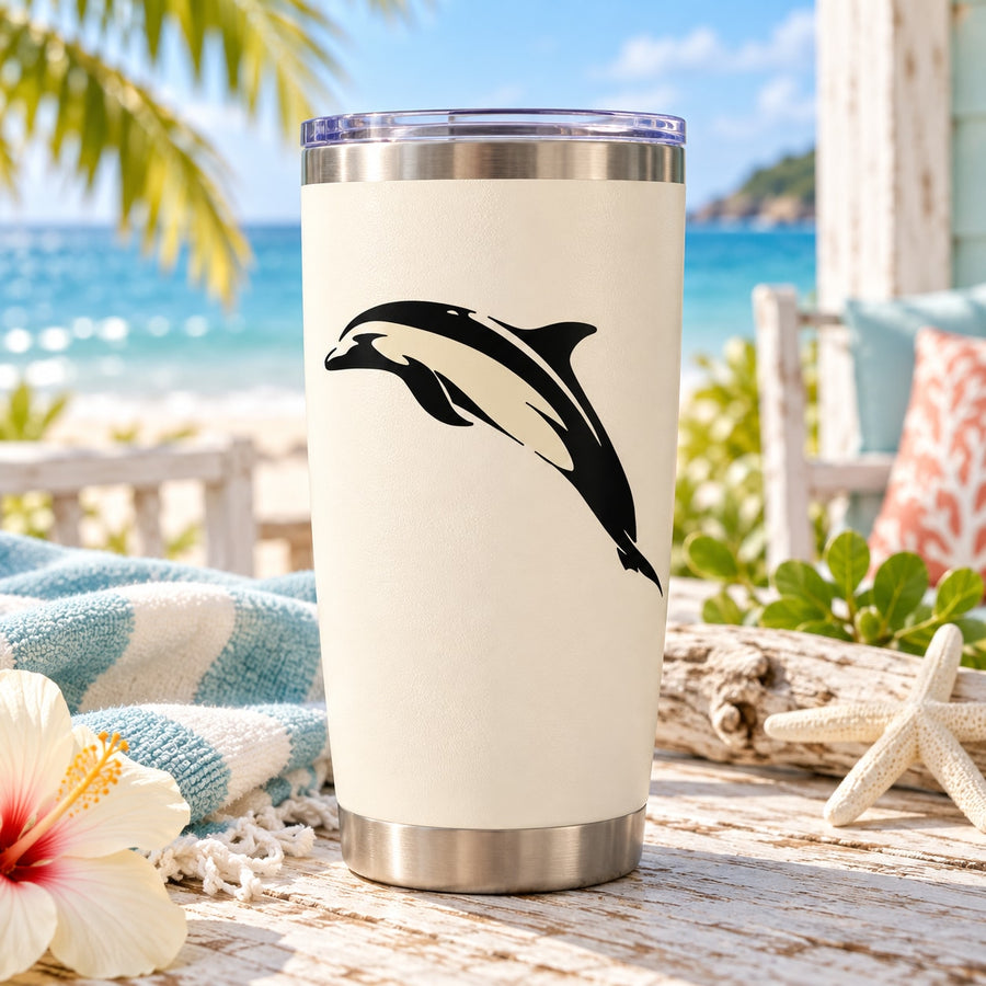Black dolphin jumping rise decal design for tumbler, outlined over light background