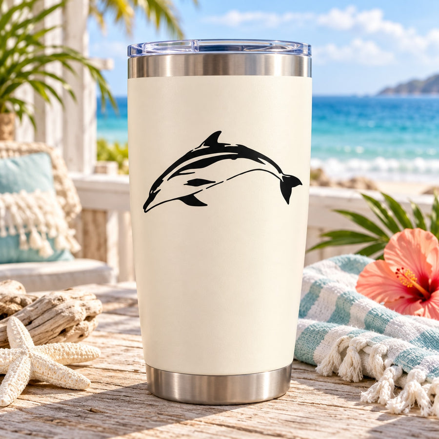 Dolphin diving decal on white insulated tumbler with brushed silver top