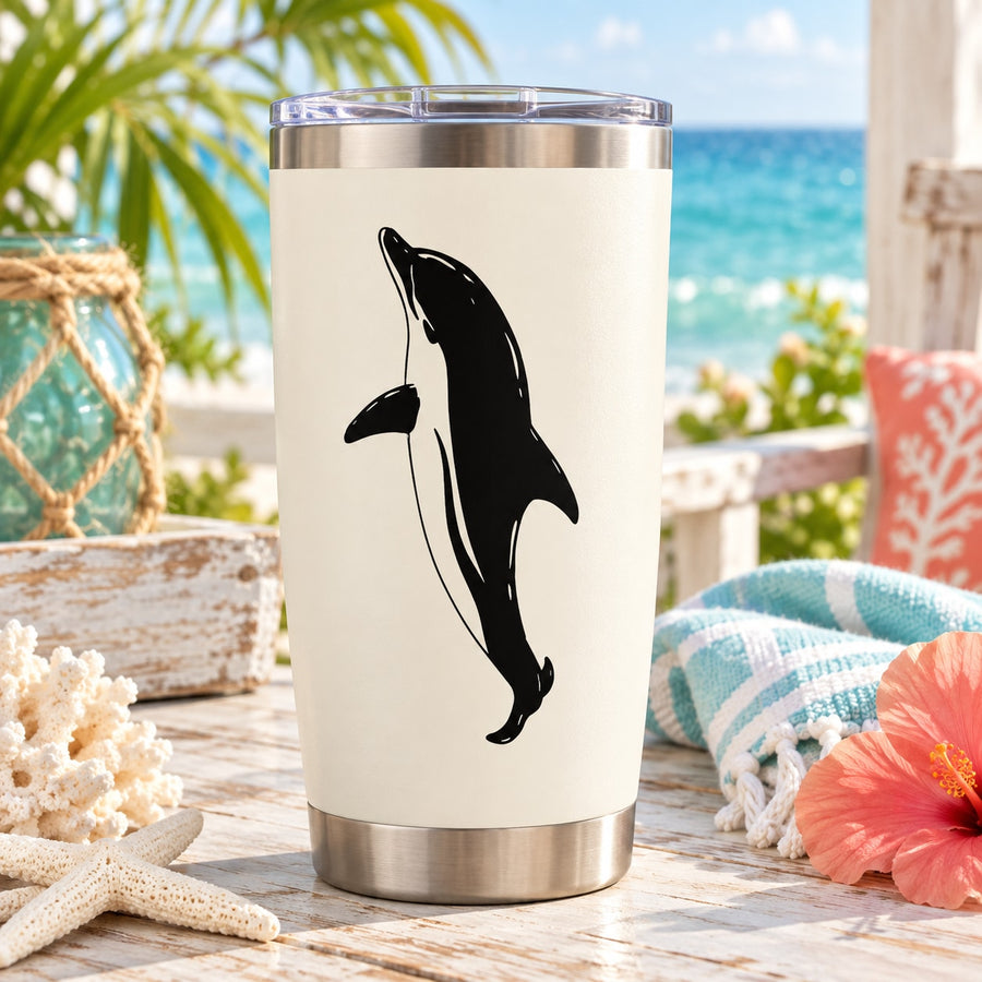 White tumbler with black dolphin doing tricks decal and stainless steel lid