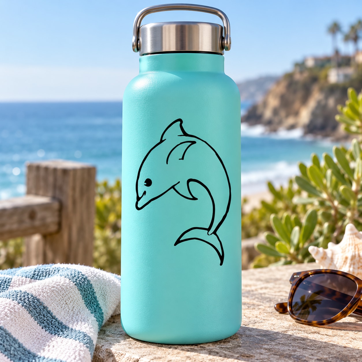 Turquoise water bottle with black dolphin decal