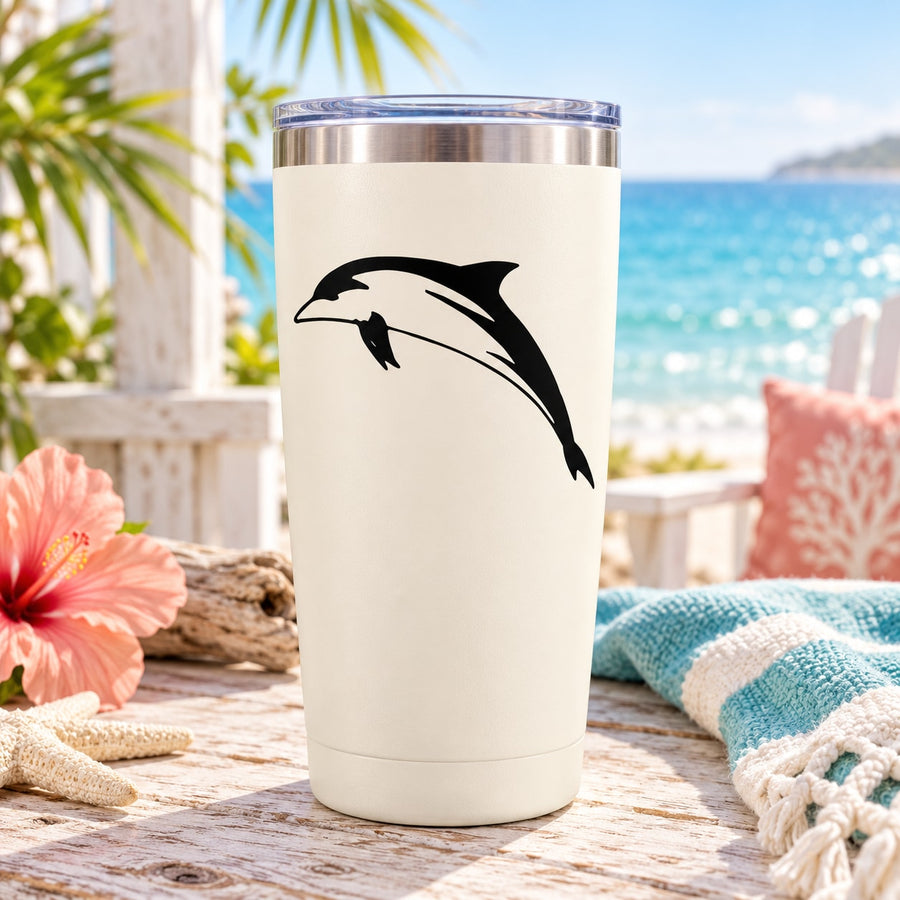 Short-beaked dolphin decal on white insulated tumbler, black silhouette