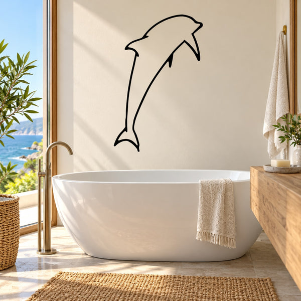 Dolphin swimming up wall decal in black outline above a bathtub
