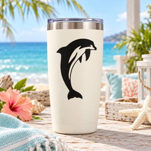 White insulated tumbler with black dolphin jumping decal