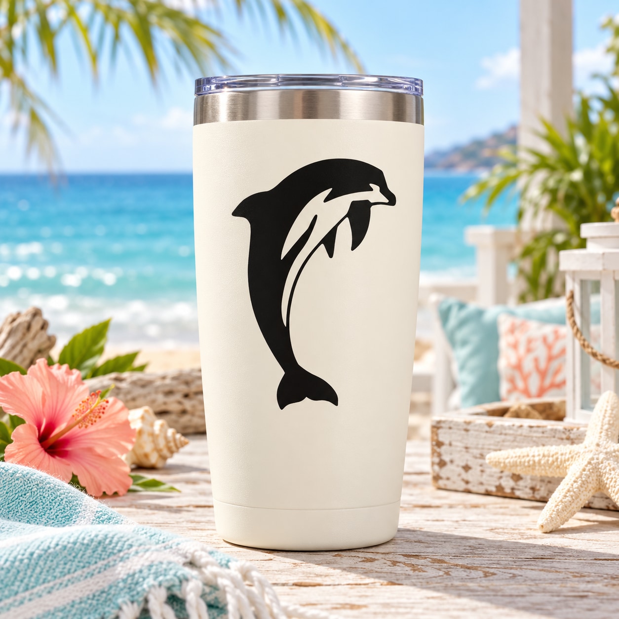White insulated tumbler with black dolphin jumping decal