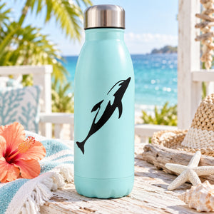 Straight dive dolphin decal sticker, black dolphin silhouette on turquoise bottle