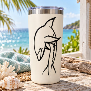 Dolphin decal on white tumbler with black line-art dolphin jumping