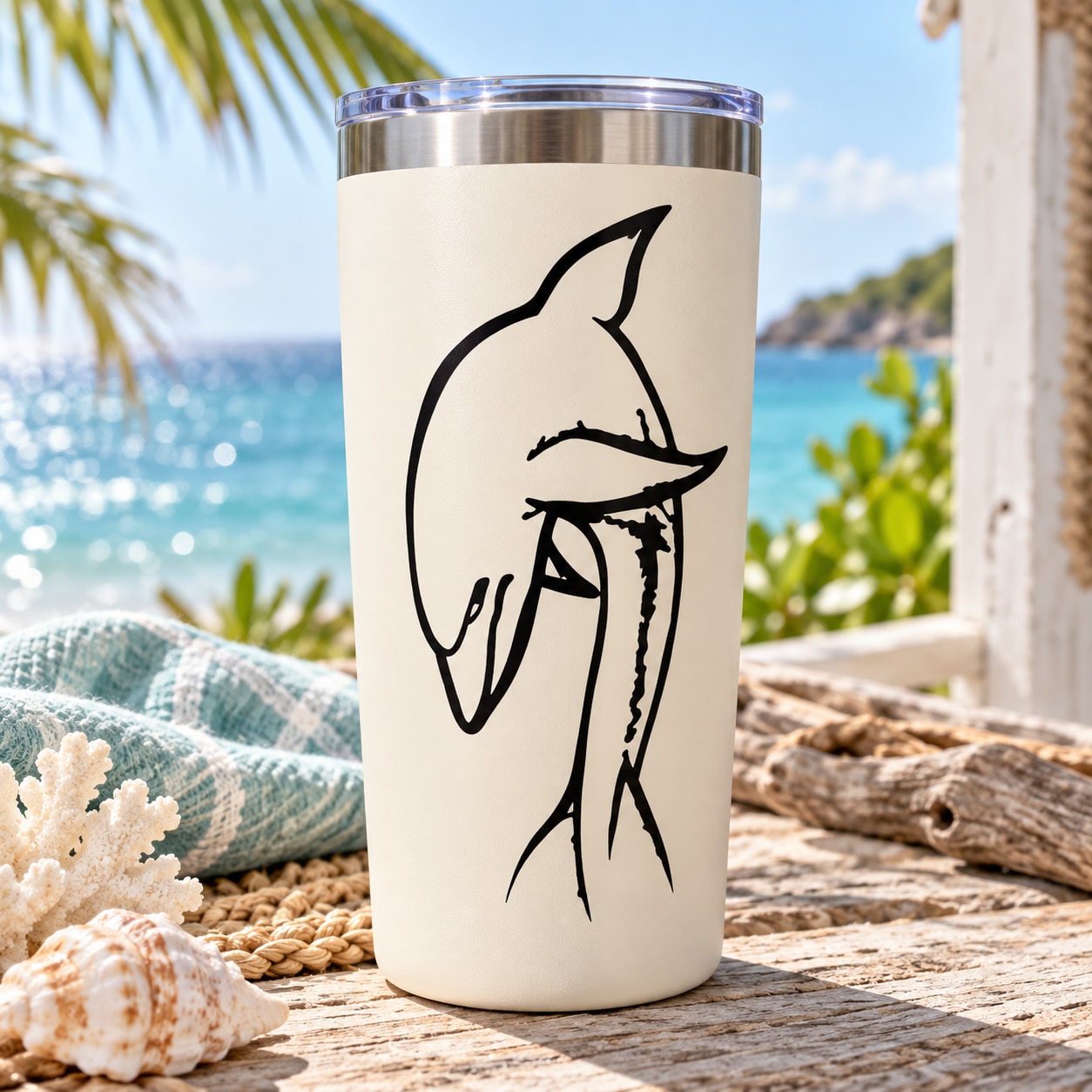 Dolphin decal on white tumbler with black line-art dolphin jumping