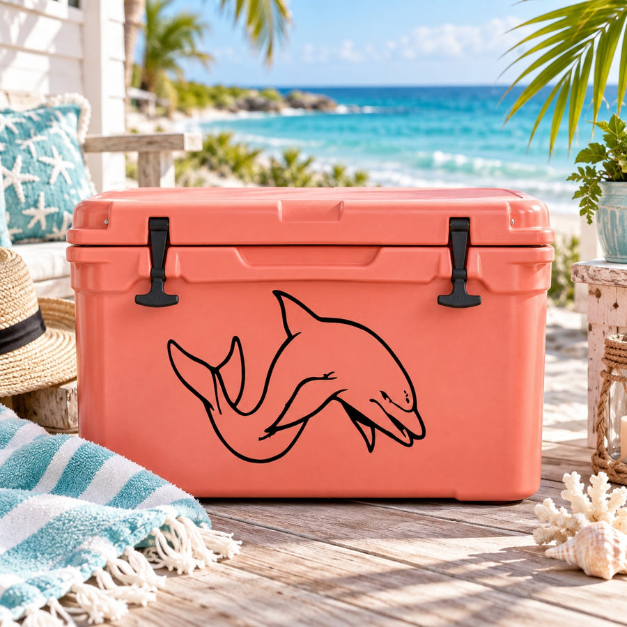 Swimming dolphin decal on orange cooler, black dolphin silhouettes