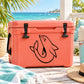 Coral cooler with black dolphin swim turning decal and two latch straps