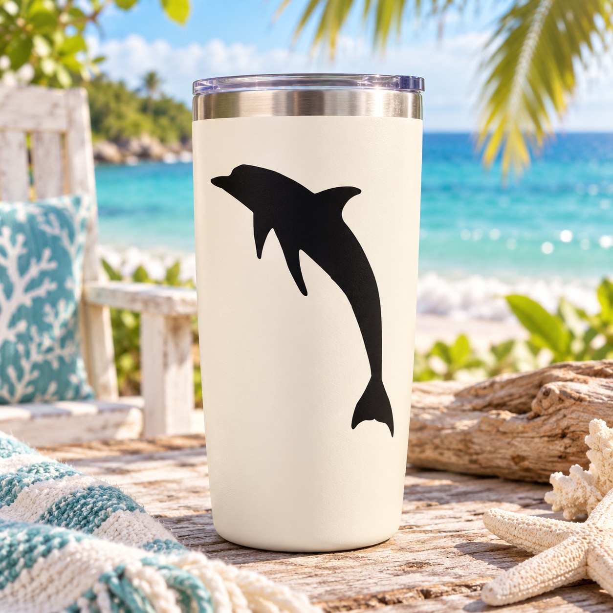 Jumping dolphin silhouette decal on a white tumbler cup, black dolphin graphic