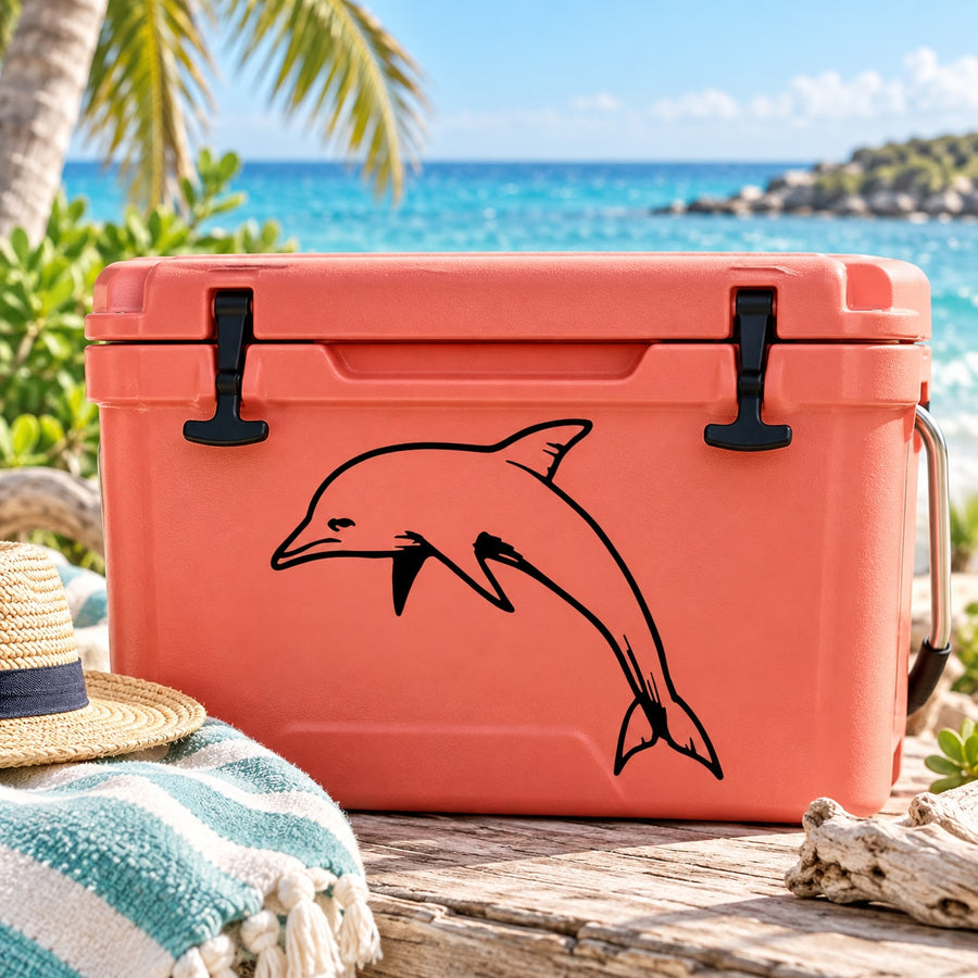 Dolphin jumping decal with black outline on orange cooler